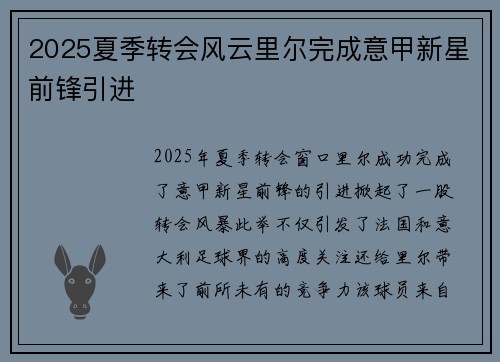 2025夏季转会风云里尔完成意甲新星前锋引进 2025夏季转会风云里尔完成意甲新星前锋引进