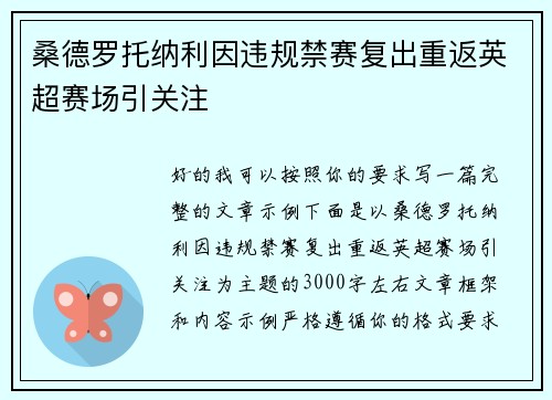 桑德罗托纳利因违规禁赛复出重返英超赛场引关注 桑德罗托纳利因违规禁赛复出重返英超赛场引关注